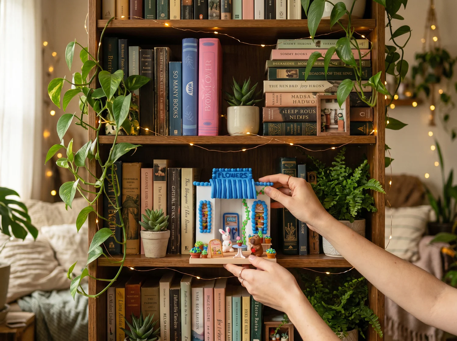 Miniaturhaus mit blauer Verzierung, Pflanzen und Figuren in einem Bücherregal