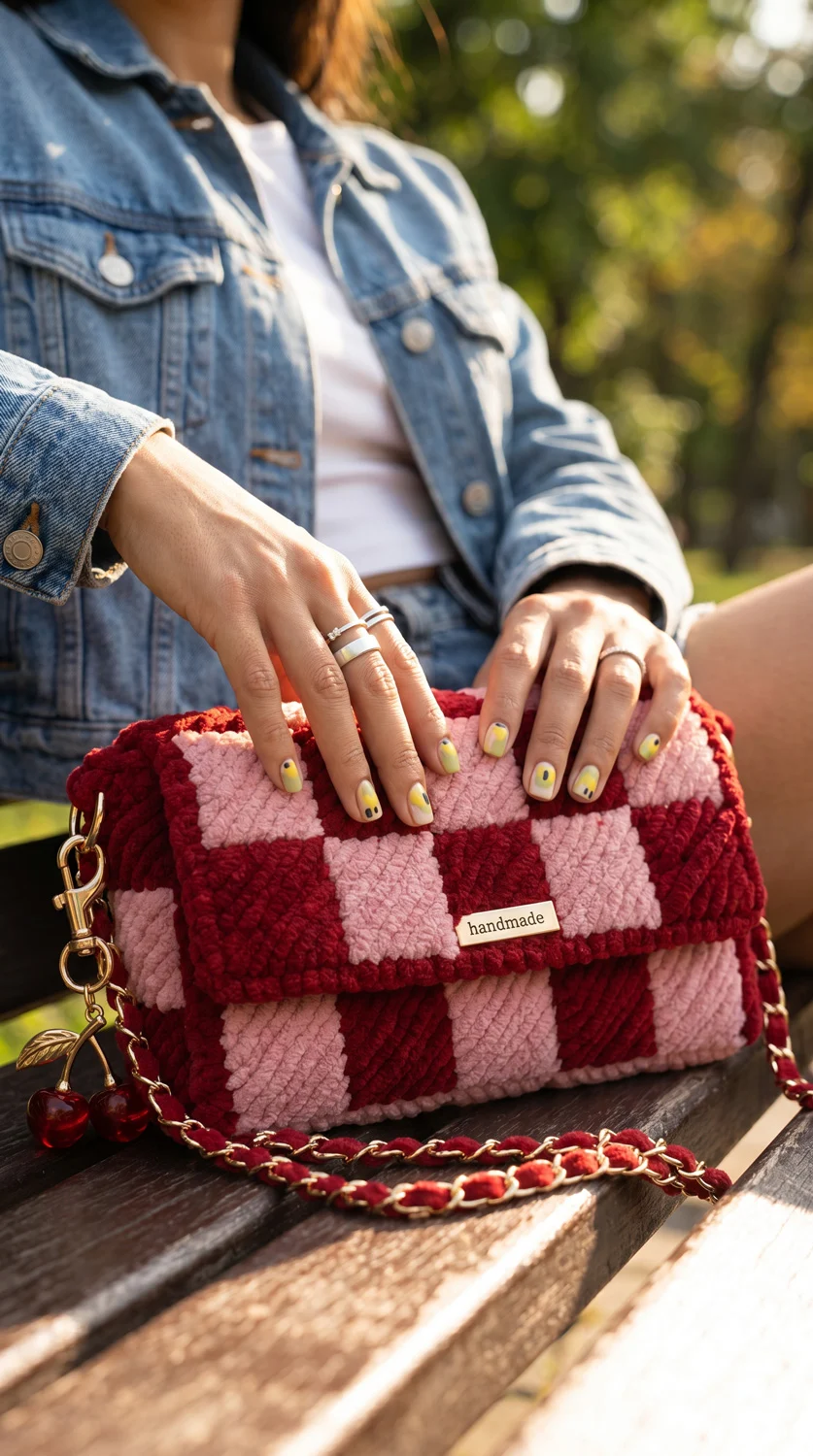 Mood_41002-Woven-Bag_2 Eine rot und rosafarbene karierte Tasche mit Kette liegt auf einer Holzbank