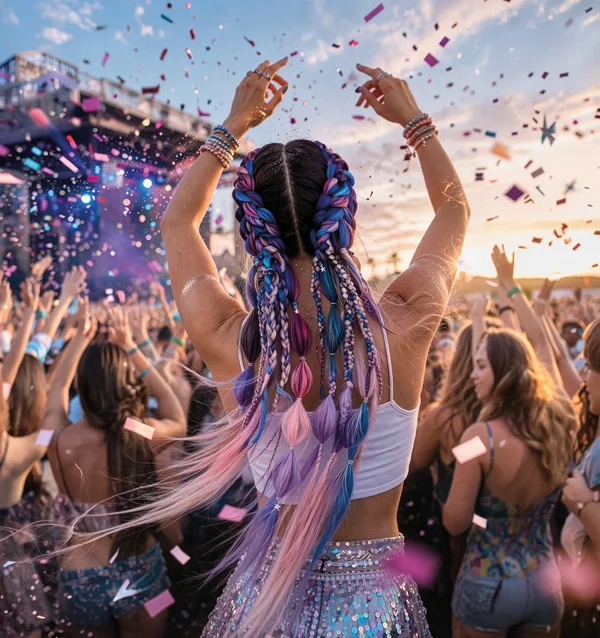 Frau mit auffälliger bunter Festivalfrisur vor Menschenmenge feiernd auf einem Festival