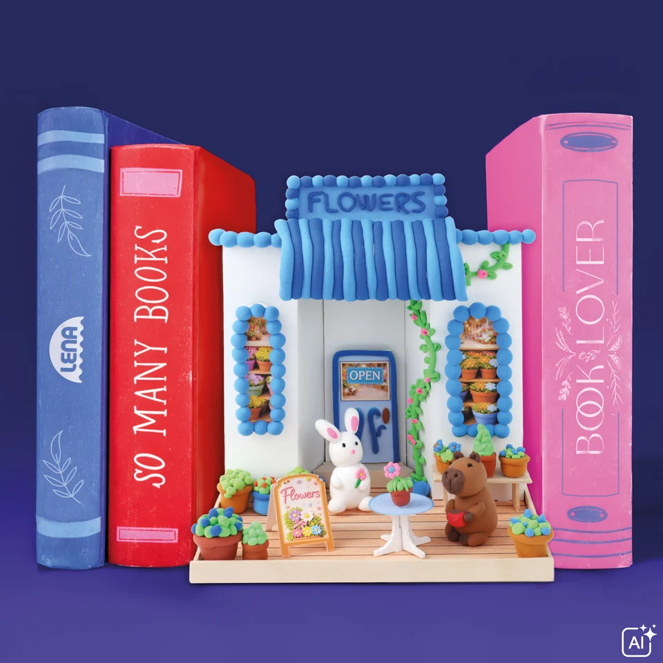 Blumenladen-Motiv mit Hasen- und Capybara-Figur aus lufttrocknendem Ton zwischen Büchern
