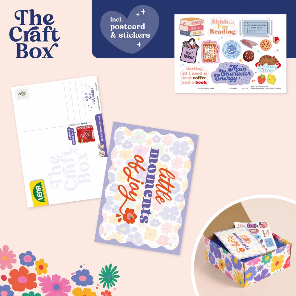 Illustrierte Box mit Blumenmuster, Postkarte, Aufklebern und farbigen Motiven