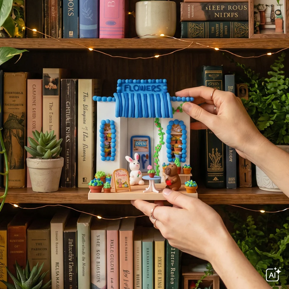 Miniaturhaus mit blauer Verzierung, Pflanzen und Figuren in einem Bücherregal