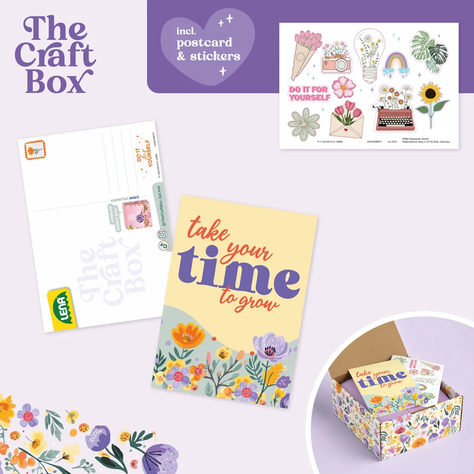 Illustrierte Box mit Blumenmotiven, Grußkarte und Aufklebern