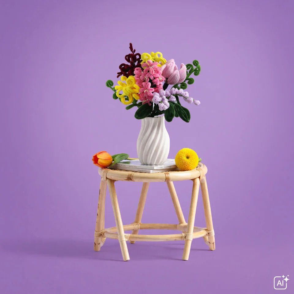 Bunter Blumenstrauß in weißer Vase auf einem runden Rattanstuhl mit Büchern