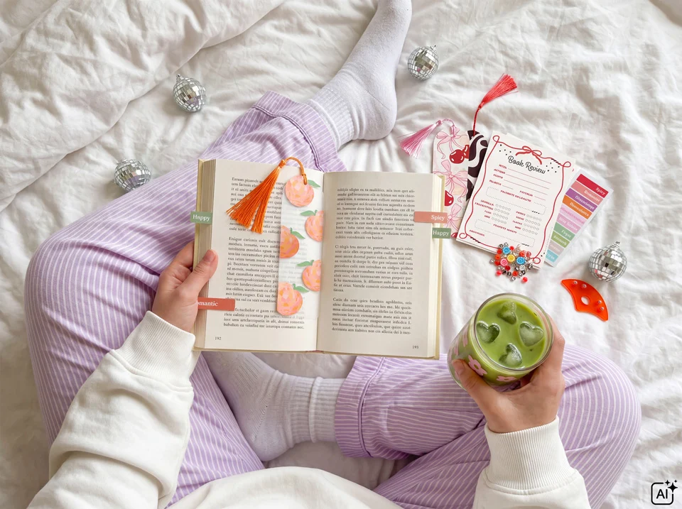 Eine Person hält ein geöffnetes Buch und ein grünes Getränk. Auf dem Bett liegen Bastelmaterialien