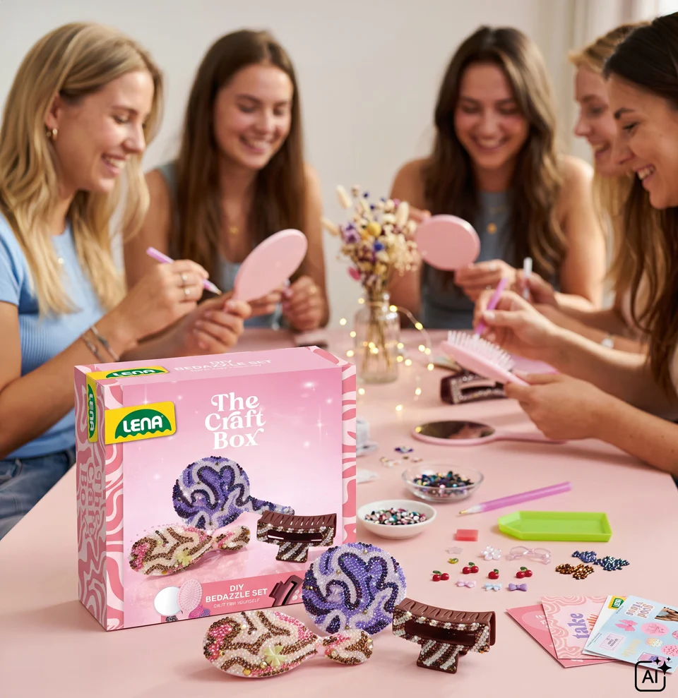 Rosa Bastelset mit Perlen, Haarspangen und Spiegeln auf einem Tisch