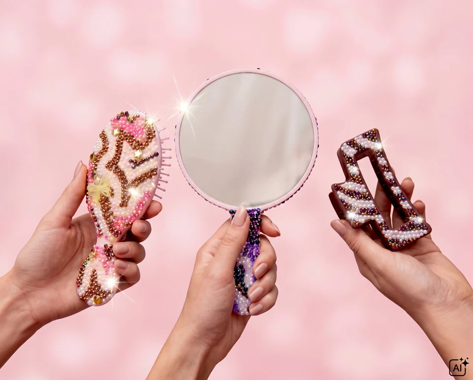 Drei Hände halten verzierte Haarbürsten, einen Handspiegel und eine Haarspange