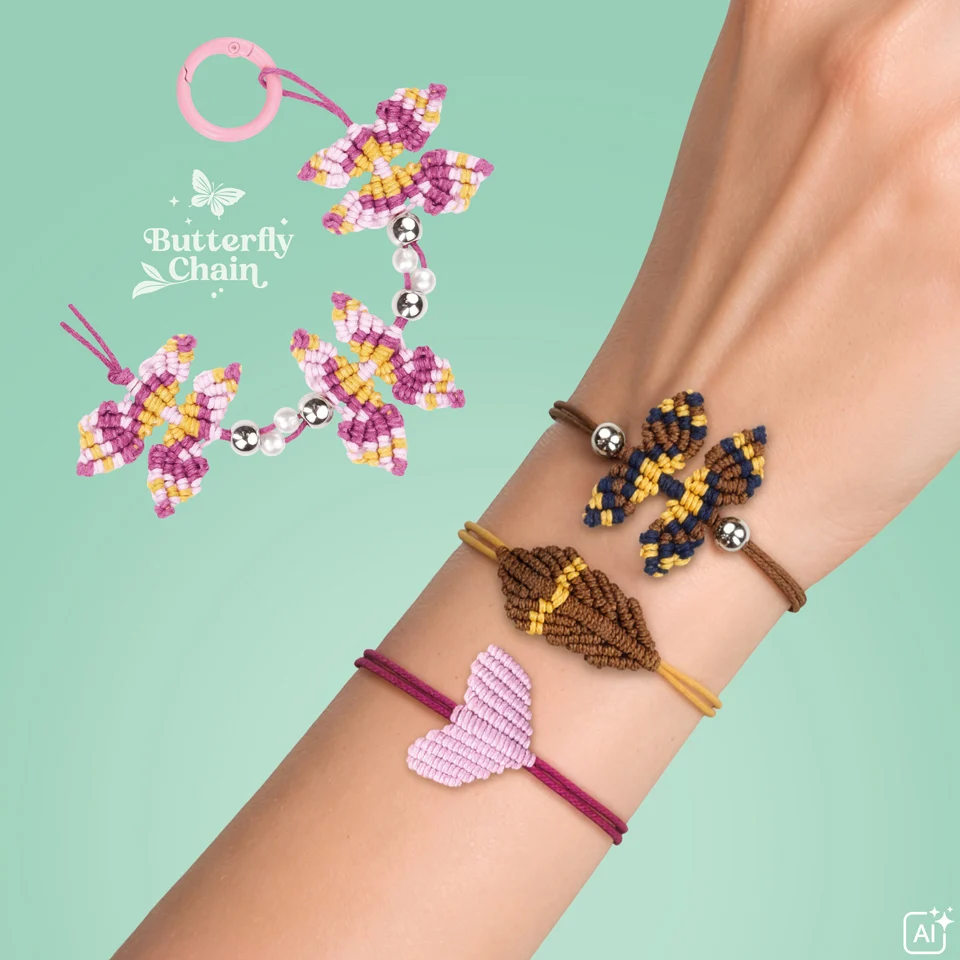 Hand mit bunten Armbändern vor mintgrünem Hintergrund