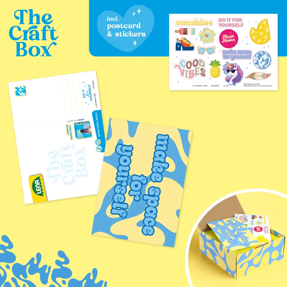 Gelbe Verpackung mit blauen Mustern, Postkarte, Aufklebern
