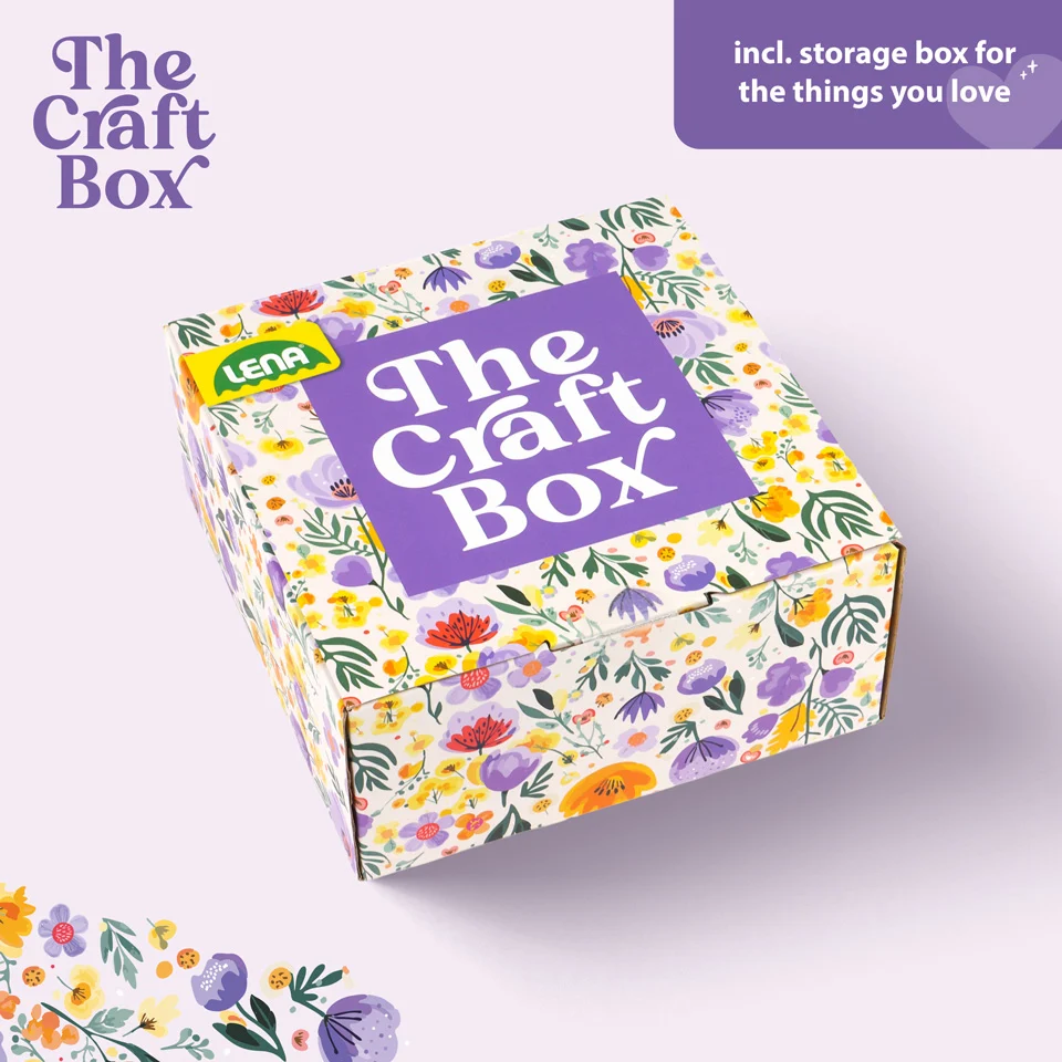 Rechteckige Schachtel mit buntem Blumenmuster und violettem Deckel
